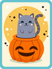 Gray cat and pumpkin. Halloween card. Vector illustration
