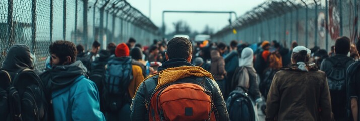 Obraz premium Large groups of people gather at a border, carrying suitcases and backpacks, reflecting desperation and hope in a challenging situation. Generative AI