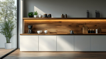 Fototapeta premium Modern kitchen interior with wooden accents and minimalist design.