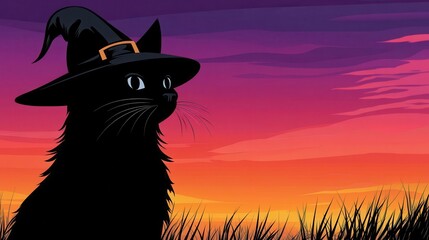 Eerie black cat silhouette with a witch hat in the twilight sky, flat design, front view, phantom theme, cartoon drawing, vivid colors