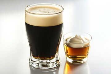A Pint of Dark Beer with a Shot of Whiskey and Whipped Cream