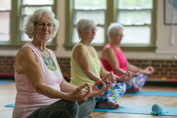 Seniors engaged in a calming yoga class at a community center during a sunny afternoon, practicing mindfulness and relaxation techniques