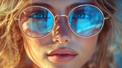 chic urban portrait of woman in oversized designer sunglasses city streetscape reflected in lenses highfashion editorial style