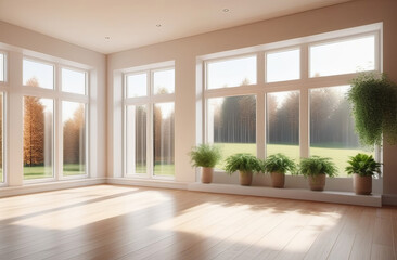 Obraz premium abstract empty hall, light timber floor, big windows, natural views, fresh plants, no people