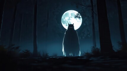 Ghostly werewolf figure in the dark forest with full moon, flat design, front view, eerie night theme, 3D render, vivid colors