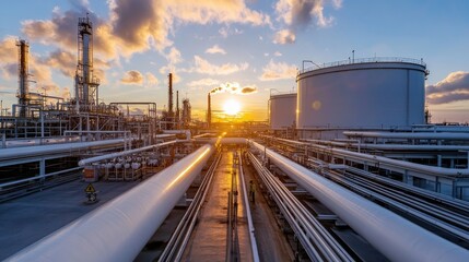 Massive oil storage tanks with safety warning signs and pipelines extending from them, highlighting the complexity of petroleum storage and handling