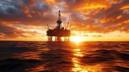 Offshore drilling platform silhouetted against a fiery sunset, with the ocean waves gently lapping below