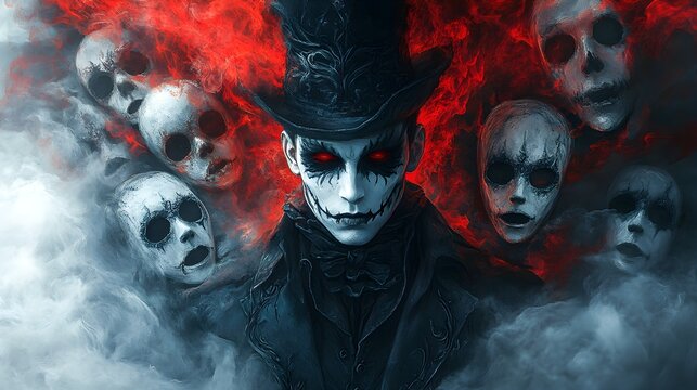 Gothic ringmaster with a cursed aura, surrounded by haunted Halloween masks, detailed digital art, dark fantasy style, isolated on white background