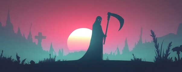 Spooky Grim Reaper silhouette with a scythe at twilight, flat design, front view, cursed land theme, animation, colored pastel