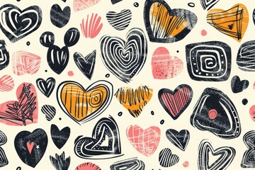 Naklejka premium Hand drawn seamless pattern featuring hearts and abstract shapes with space for personalized text decoration