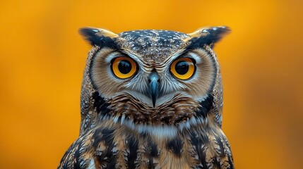 Fototapeta premium closeup portrait of a wideeyed owl against a vibrant yellow background capturing its intense gaze and intricate feather details