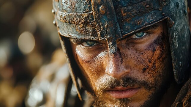 closeup portrait of a battlehardened ancient warrior piercing eyes gleam beneath a weathered helmet intricate armor adorns his muscular frame ready for combat