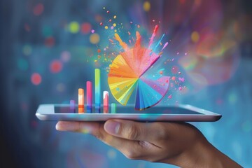 A hand holding a tablet displays a colorful pie chart and bar graph illustrating data analysis in a modern business context