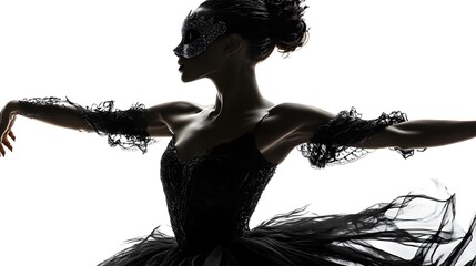 Phantom ballerina dancing with Halloween party masks, dark and haunting yet graceful, cinematic lighting, isolated on white background