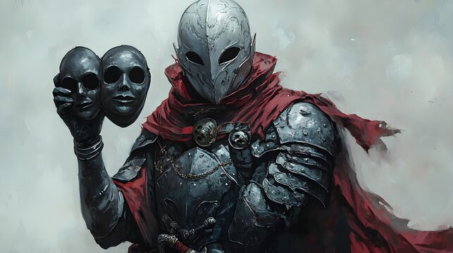 Phantom knight in misty armor, holding Halloween masks, dark fantasy illustration, detailed and eerie, isolated on white background