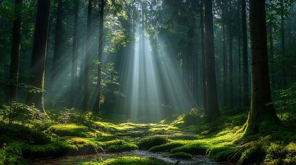 Fototapeta premium Enchanting forest tall trees mosscovered ground and beams of sunlight piercing through