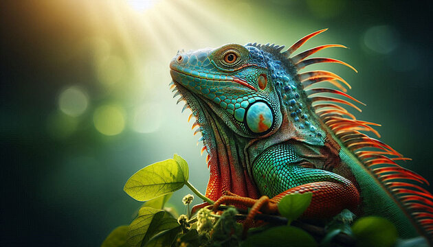 Colorful beautiful iguana closeup on tree branch in blur rain forest background