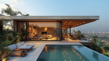 Fototapeta premium contemporary outdoor living space featuring infinity pool sleek furniture and minimalist wooden canopy against modern architecture