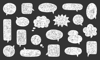 Chalk pencil speech bubbles doodle set. Crayon communication frame, comic talk balloon in sketch style, Grunge texture. Hand drawn vector illustration isolated on black background