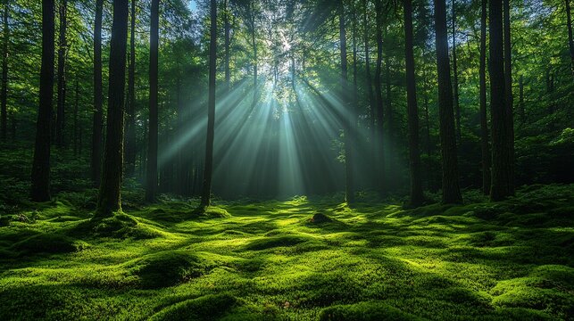 Enchanting forest tall trees mosscovered ground and beams of sunlight piercing through