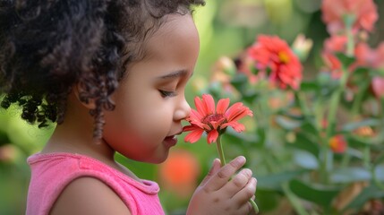 Fototapeta premium A Young Girl Sniffing a Flower
