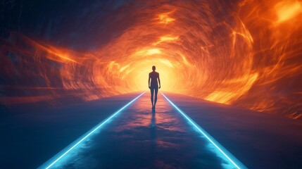 A lone figure walking towards a glowing tunnel with vibrant colors in a dark cosmic landscape during an otherworldly journey