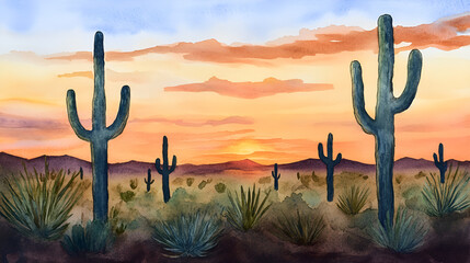 Watercolor Sunset in the Desert - Beautiful Nature Background