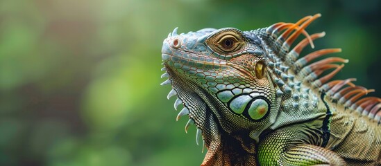 Obraz premium A Large Green Iguana Up Close Large Green Iguana On A Green Background