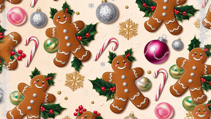 Fototapeta premium Gingerbread themed Christmas pattern with gingerbread men, houses baubles and candy canes