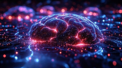 digital illustration of human brain connected to glowing network abstract representation of artificial intelligence and neural networks futuristic color scheme with blues and purples