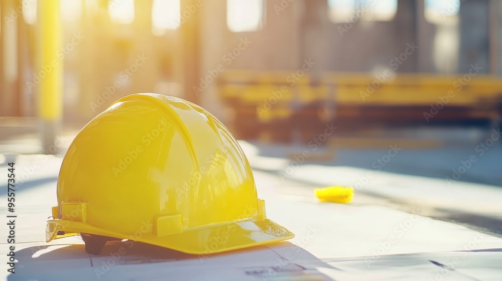 Wall mural Yellow Hard Hat on Construction Site