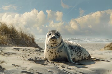 A seal resting on sandy beach dunes with gentle waves and clouds in the background during a sunny day