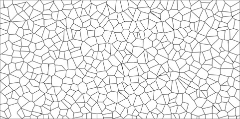 Abstract White Colored Broken Stained-Glass Geometric Retro Tiles Pattern w Black Lines & Quartz Crystal Voronoi Diagram Background for Website, Fabric Printing, Brochures, Luxury/Premium Packaging