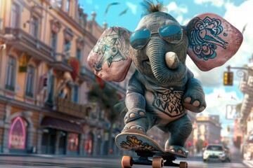 Fototapeta premium Large elephant in sunglasses skateboards along a city street