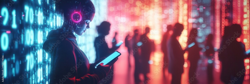 Poster individuals with bowed heads focus on smartphone screens amidst glowing digital numbers, highlightin
