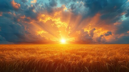 Fototapeta premium dramatic cloudscape over golden wheat field sun rays piercing through storm clouds creating ethereal light patterns
