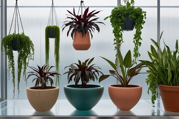 Fototapeta premium Ensemble of Striking Pendulous Plants in Unique Pots on a Translucent Surface with Urban Agriculture Aesthetic
