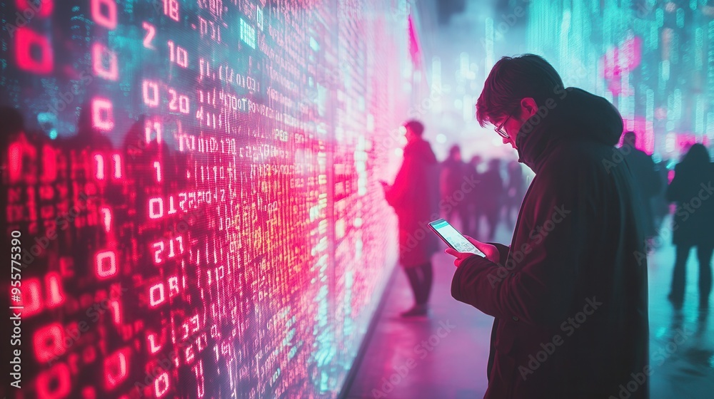 Poster people stand with bowed heads, engrossed in smartphones while surrounded by vibrant digital codes, r