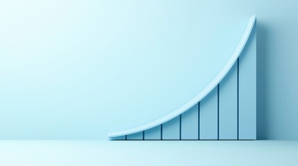 Exponential growth chart in light blue background A minimalist 3D bar chart in light blue color, illustrating exponential growth, with a curved upward trend on a plain background