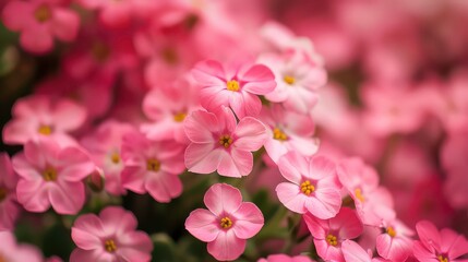 Close up of pink flowers with yellow centers, soft focus, floral background.