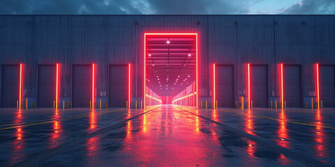 Neon lights illuminate a warehouse entrance, creating a futuristic and mysterious atmosphere.