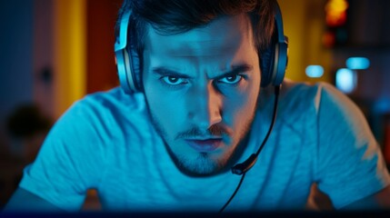 Intense Gamer Focused on Screen