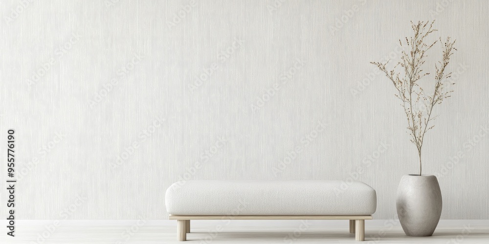 Wall mural A minimalist interior featuring a low white bench and a tall simple vase with delicate branches