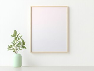 A minimalist interior with a framed blank canvas and a green potted plant on a light colored surface