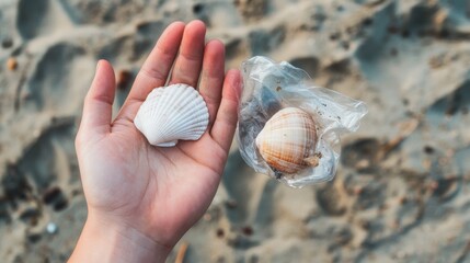 Hand Holding Shells on the Beach
