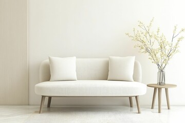 A minimalist living room with a white sofa and a wooden side table adorned with a vase of blooming white branches