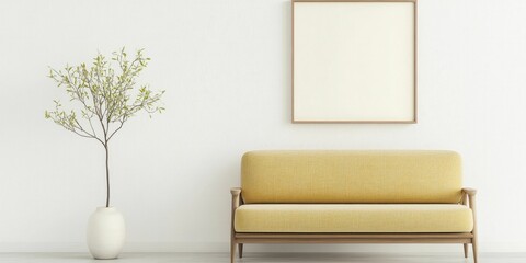 A minimalist living room with a yellow sofa a potted plant and a blank picture frame on the wall