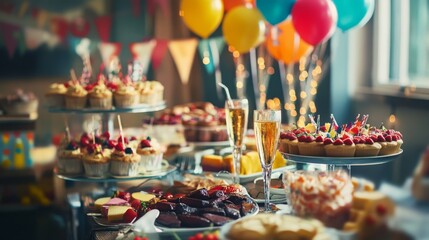 Close-up of a beautifully decorated party table with themed decorations, food and drinks.