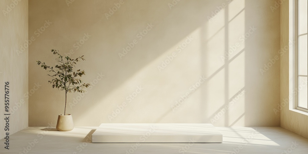 Canvas Prints A minimalist room bathes in sunlight from a large window highlighting a single potted plant and a low white platform