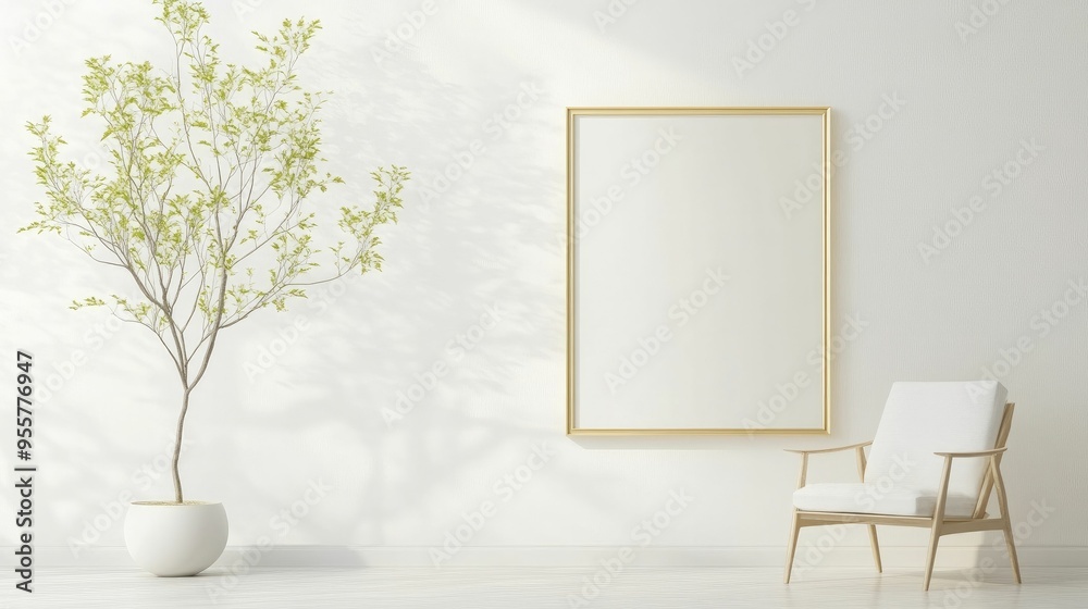 Wall mural A minimalist room with a potted tree an empty picture frame and a white chair captures a serene atmosphere